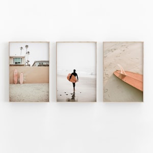 Gallery Wall Decor, Instant Download, Summer California Beach, Surfing , Room Decor Pastel Pink, Beach Art Set Santa Monica