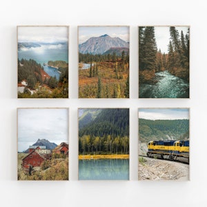 Conjunto de impresión de Alaska de 6, paisaje de montaña, niebla de montaña de árbol, cartel de Alaska, galería de fotos de Alaska, arte del paisaje natural, impresiones estatales de EE. UU.