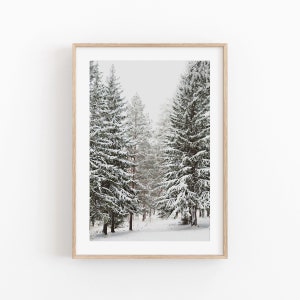 Winter Deer Print, Snowy Trees, Winter Wonderland Print, Christmas Wall Art, Snow Covered Pine Trees Printable Art, Large Wall Art Print