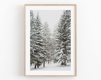 Winter Deer Print, Snowy Trees, Winter Wonderland Print, Christmas Wall Art, Snow Covered Pine Trees Printable Art, Large Wall Art Print