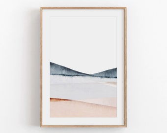 抽象水彩画アートプリント：ベージュ＆ティールの壁装飾（デジタル