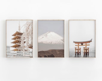 Japan City Print Set de 3, Travel Art Print, Japan City Art Print, Minimaliste moderne, Décoration murale imprimable, Photographie de ville, Impression de temple