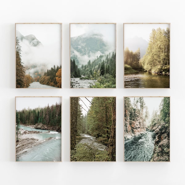 Nature Print Set of 6, Forest River Fog, Tree River Fog, Modern Minimalist Poster, Printable Wall Decor, Home Decor, Nature Landscape Art