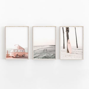 Beach Print Set of 3, Summer California Beach, Nursery Prints Coastal, Prints Set, Room Decor Pastel Pink, Beach Art Set Santa Monica