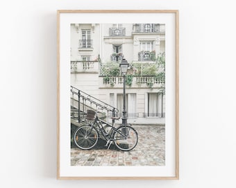 Könnte beinhalten: Ein schwarzes Fahrrad mit einem Korb steht auf einer Kopfsteinpflasterstraße vor einem weißen Gebäude mit einem schwarzen schmiedeeisernen Geländer. Das Gebäude hat Fenster und Balkone mit Pflanzen, die darauf wachsen. Eine Straßenlaterne befindet sich im Hintergrund.