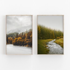 Rustic Autumn Set of 2, Photography Print, Forest River Print, Autumn Forest Print, Modern Minimalist Poster,  Forest Printable Wall Decor
