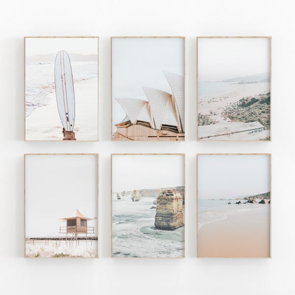 Australia Set of 6, GalleryWall, Australia Wall Art, Travel Art Print, Sydney Opera Poster, Australia Beach lifeguard, Australia Byron Bay