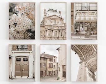 May include: A set of six framed prints featuring Parisian architecture and a floral image. The prints are in a neutral colour palette with a vintage aesthetic.