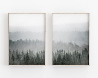 May include: Two framed prints of a misty forest scene with a layered effect of trees and fog. The prints are in a light wood frame and are hung on a white wall.