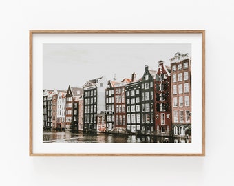 Impression de la ville d'Amsterdam, art mural de voyage, impression de photographie, impression d'Amsterdam, photographie des pays-bas, impression de maisons flottantes, art mural du canal