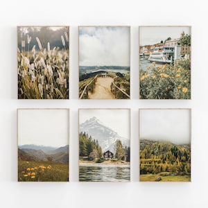 Nature Print Set von 6, Berg Print-Set, Bergsee, modernes minimalistisches Poster, druckbare Wanddekoration, Bergblumen Kunstdruck
