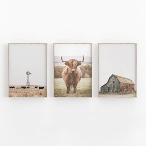 farmhouse Print Set of 3, Nature Art Print, Wind Mill Art Print, Cow Art Print, Printable Wall Decor, Country House Decor, Barn Print