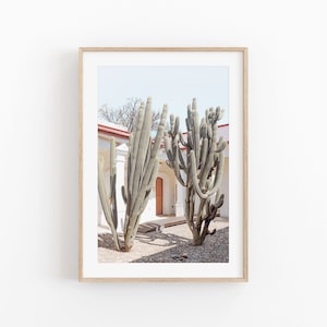 Puede incluir: Una fotografía de un edificio blanco con un techo rojo y dos grandes cactus en el patio. Los cactus son altos y delgados, con largas agujas espinosas. El patio está pavimentado con pequeñas piedras.
