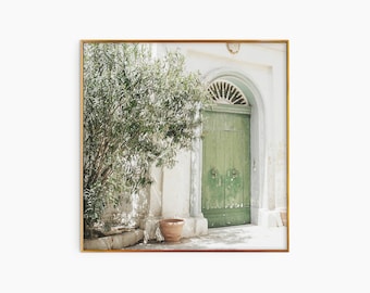 May include: A green wooden door with an arched frame, surrounded by a white wall and a leafy green tree. A terracotta pot sits on the ground near the door.