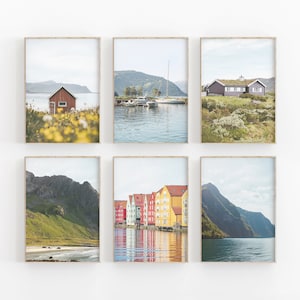Conjunto de impresión de Noruega de 6, Impresión de casas de color de Noruega, Impresión de la naturaleza de Noruega, Impresión de arte de viajes de Noruega, Fotografía de Noruega, Arte del paisaje de la naturaleza