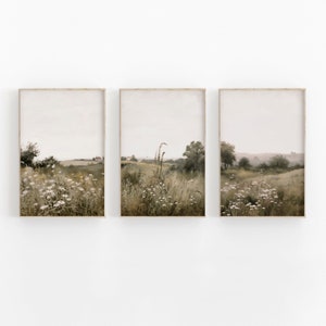 Vintage Neutral Landscape set of 3 Prints, Wildflower Field Set of 3 Split Prints, Country Painting, Rustic Farmhouse Decor