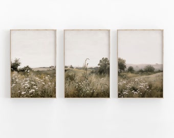 vintage Neutral Landscape set of 3 Prints, Wildflower Field Set of 3 Split Prints, Country Painting, Rustic Farmhouse Decor