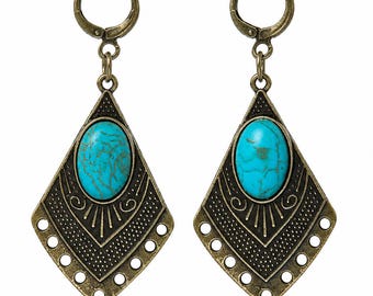 Turquoise Boho Statement Earrings • Antique Bronze Leverback Dangles