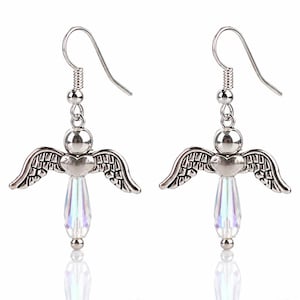 Angel Crystal Drop Earrings, AB Iridescent Angel Jewelry, Silver Tone Wing Dangles, Guardian Angel Gift, Handmade Earrings afbeelding 1