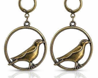 Bird in a Hoop Earrings • Antique Bronze Bird Dangles • Nature Inspired Leverback Earrings • Woodland Boho Jewelry