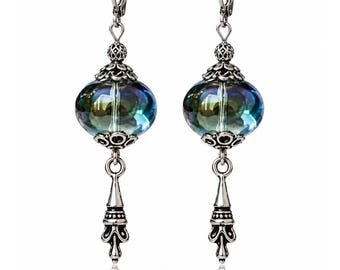 Aurora Iridescent Glass Earrings, Blue Green Boho Dangle Earrings, Handmade Artisan Jewelry