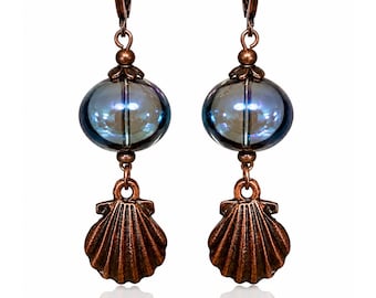 Aurora Seashell Earrings, Blue Iridescent Glass, Antique Copper Art Deco Dangles, Coastal Jewelry, Handmade Gift