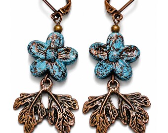 Turquoise Flower Leaf Earrings, Boho Botanical Earrings, Antique Copper Floral Dangle Earrings, Cottagecore Nature Jewelry, Artisan Gift