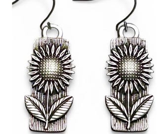 Antique Silver Sunflower Earrings, Boho Floral Dangle Earrings, Nature Inspired Jewelry, Garden Lover Gift, Handmade Artisan Earrings