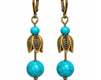 Antique Gold Tulip Earrings, Turquoise Dangle Earrings, Boho Floral Jewelry, Nature Inspired Gift