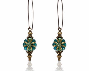 Turquoise Floral Boho Earrings, Long Antique Brass Dangle Earrings, Teal Flower Statement Earrings, Artisan Style Jewelry
