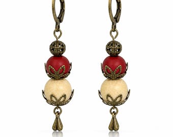 Red and Natural Wooden Bead Earrings, Antique Bronze Boho Dangles, Rustic Artisan Jewelry, Woodland Style