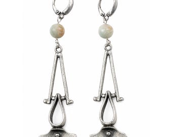 Art Nouveau Silver Dangle Earrings, Natural Stone Earrings, Long Leverback Earrings, Artisan Boho Jewelry, Statement Drop Earrings