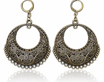 Antique Bronze Floral Hoop Earrings | Boho Artisan Statement Earrings | Leverback Dangle Earrings | Nature Inspired Jewelry