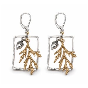 May include: A pair of silver-tone earrings with a rectangular frame and a textured finish. Each earring features a gold-tone branch and a silver-tone acorn charm. The earrings have lever-back closures.