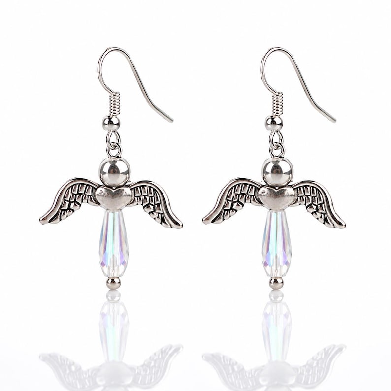 Angel Crystal Drop Earrings, AB Iridescent Angel Jewelry, Silver Tone Wing Dangles, Guardian Angel Gift, Handmade Earrings afbeelding 1