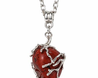 Red Jasper Heart Pendant Necklace, Silver-Tone Branch Setting, Nature Woodland Jewelry