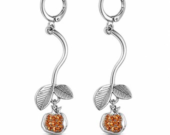 Silver Pomegranate Earrings, Orange Crystal Botanical Dangle Earrings
