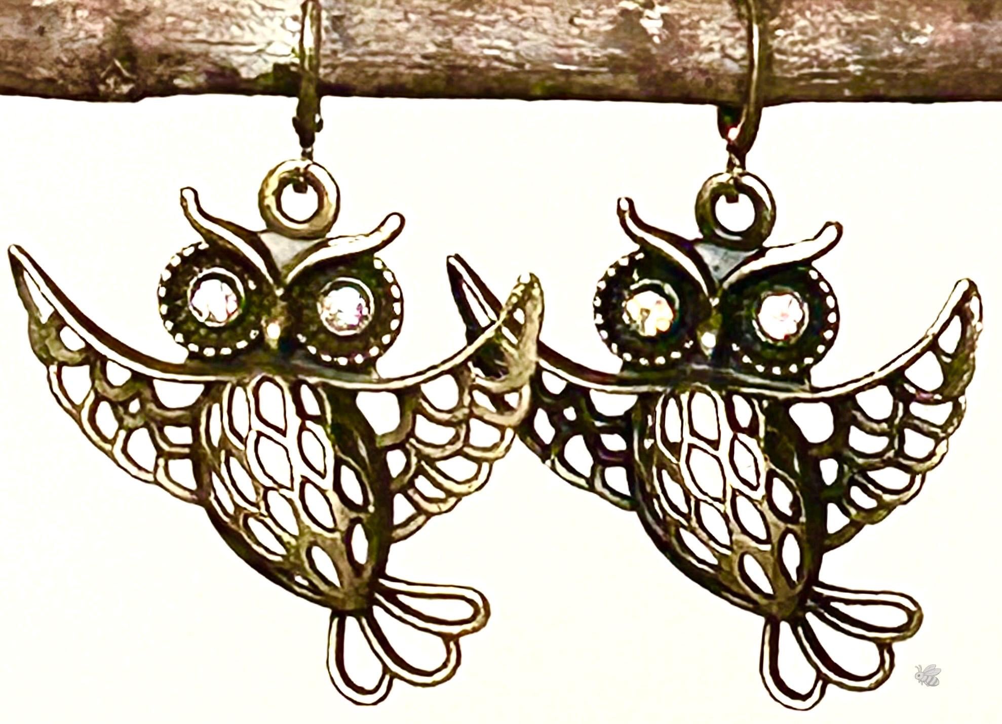 Vintage Bronze Owl Earrings &bull; Boho Nature Dangle with Rhinestone Eyes