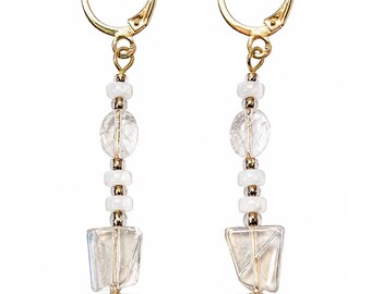 Mother of Pearl & Aurora Glass Dangle Earrings, Gold Leverbacks, Boho Handmade Gift