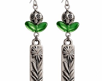 Green Glass Leaf Earrings, Silver Floral Dangle Earrings, Botanical Boho Jewelry, Nature Inspired Handmade Gift