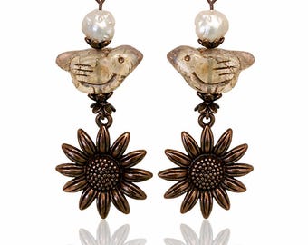 Czech Glass Bird Earrings, Freshwater Pearl Dangles, Antique Copper Sunflower Earrings, Cottage Garden Jewelry, Bird Lover Gift
