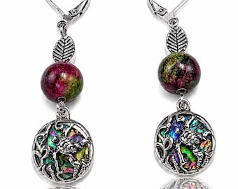 Antique Silver Turtle Earrings, Abalone Shell Dangle Earrings, Ocean Inspired Boho Jewelry