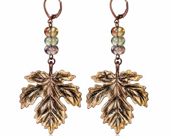 Rainbow Bronze Leaf Earrings, Iridescent Glass Dangles, Autumn Boho Jewelry, Nature Inspired Statement Earrings