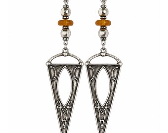 Art Nouveau Amber Glass Geometric Dangle Earrings, Silver Filigree Boho Statement Jewelry