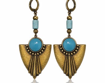 Art Deco Turquoise Statement Earrings, Antique Brass Fan Drops, Handcrafted Wood Beads