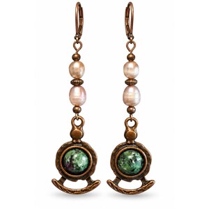 Freshwater Pearl Ruby Zoisite Inspired Earrings, Antique Copper Dangles, Artisan Boho Jewelry
