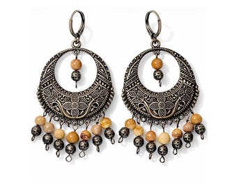 Antique Bronze Chandelier Earrings • Earth Tone Stone Beads, Tribal Boho Dangle