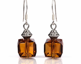 Faceted Amber Crystal Dangle Earrings, Antique Silver Tone Vintage Style