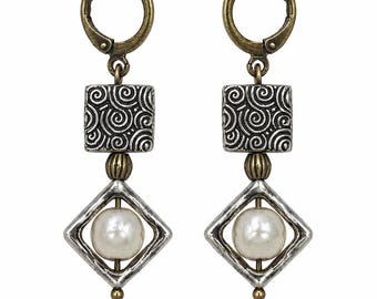 Antique Silver Pearl Geometric Earrings, Boho Dangle Leverback Earrings, Mixed Metal Artisan Earrings, Rustic Elegant Jewelry