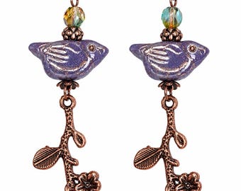 Woodland Bird Earrings, Lavender Czech Glass Birds, Antique Copper Floral Branch Dangles